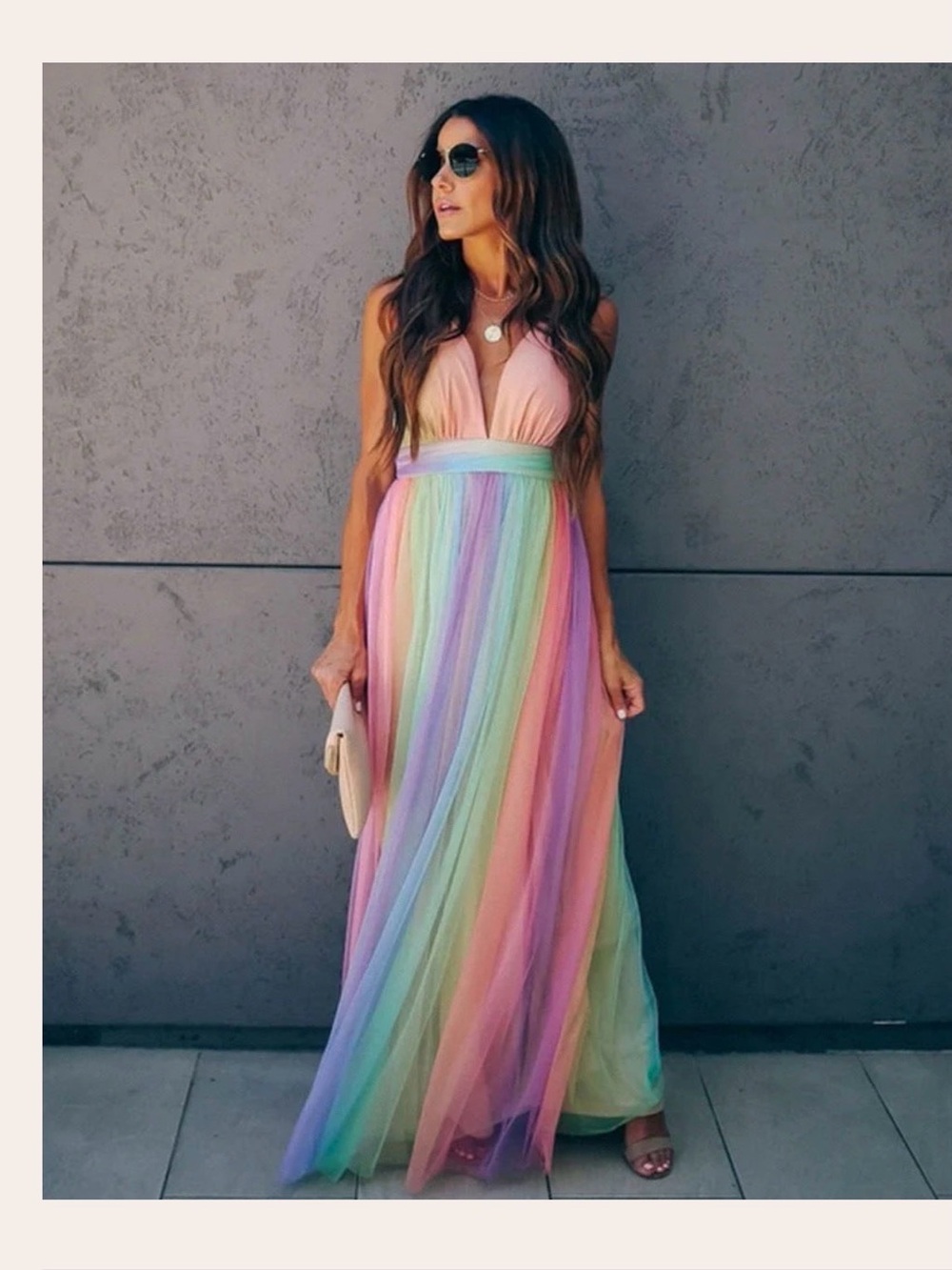 Pastel Rainbow Halter Maxi Dress - Women's Pink Multi